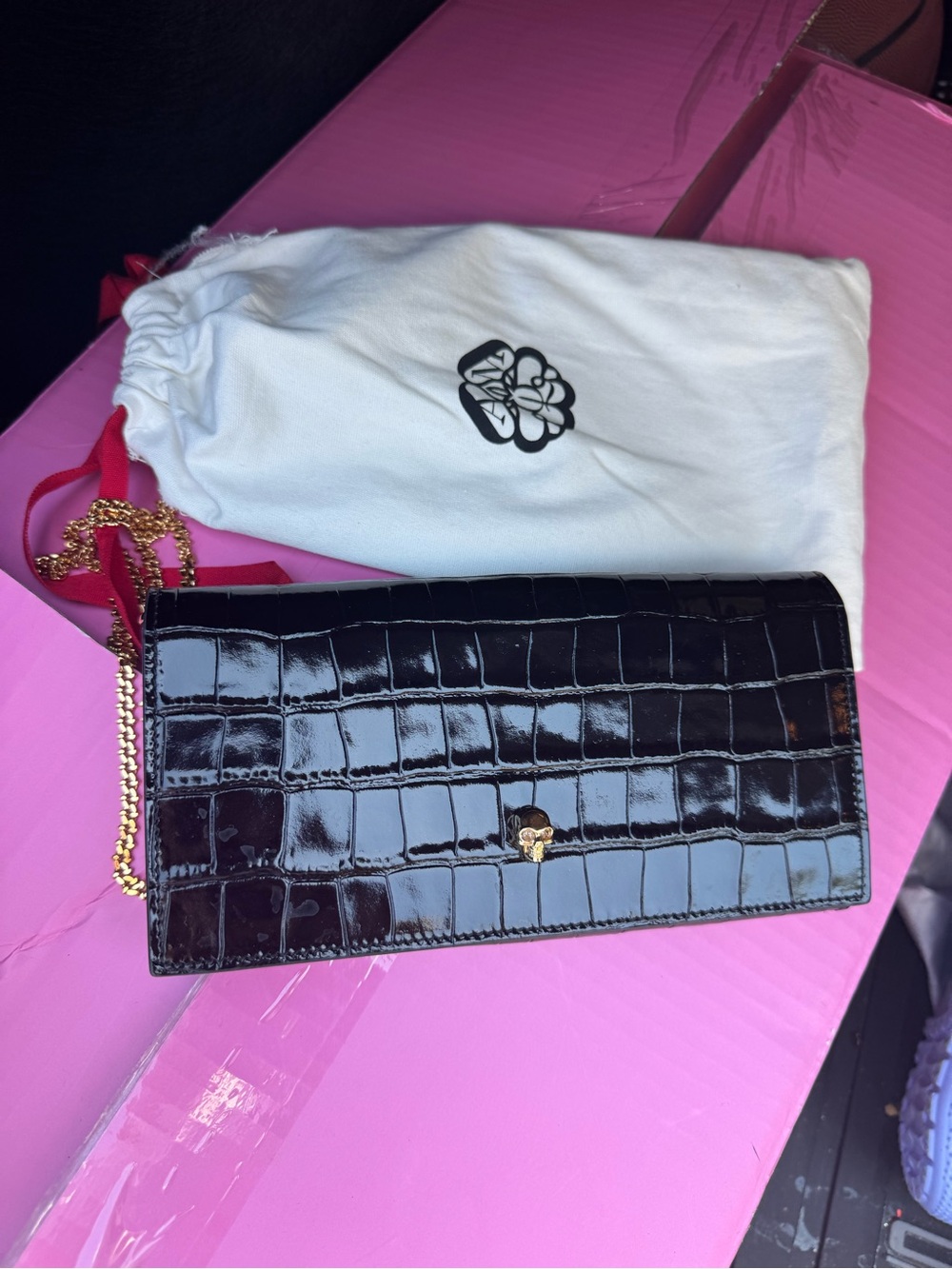 Alexander McQueen Black Patent Croc-Embossed Chain Wallet with Gold Skull Accent